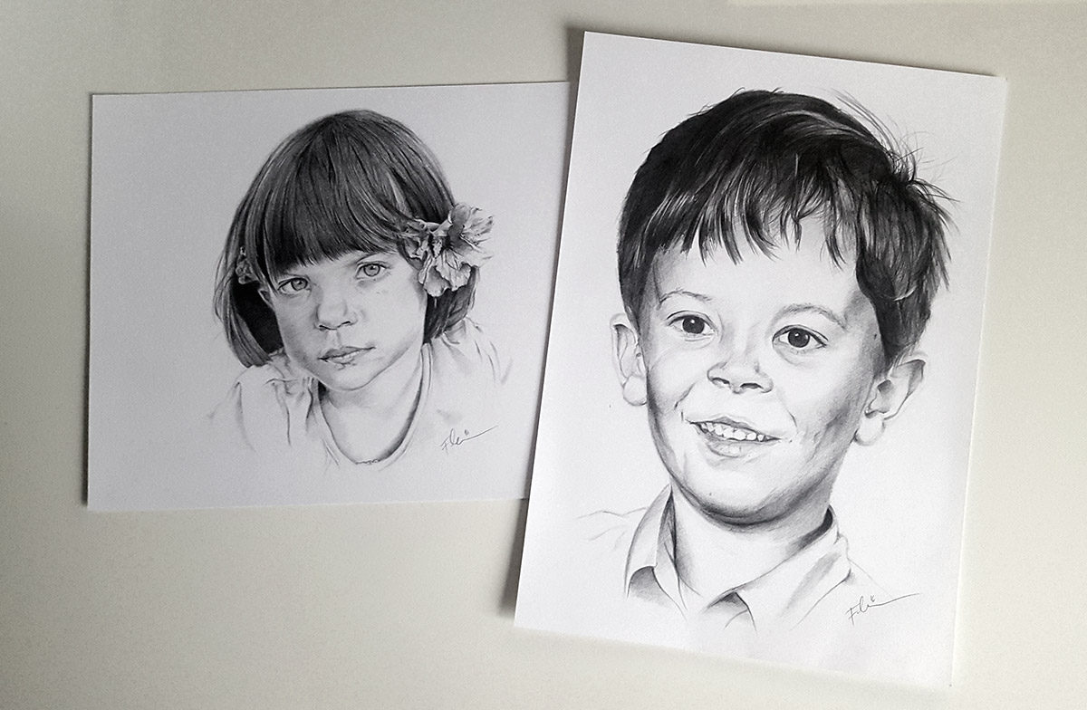 Portrait from photo - two kids, pencil on white paper