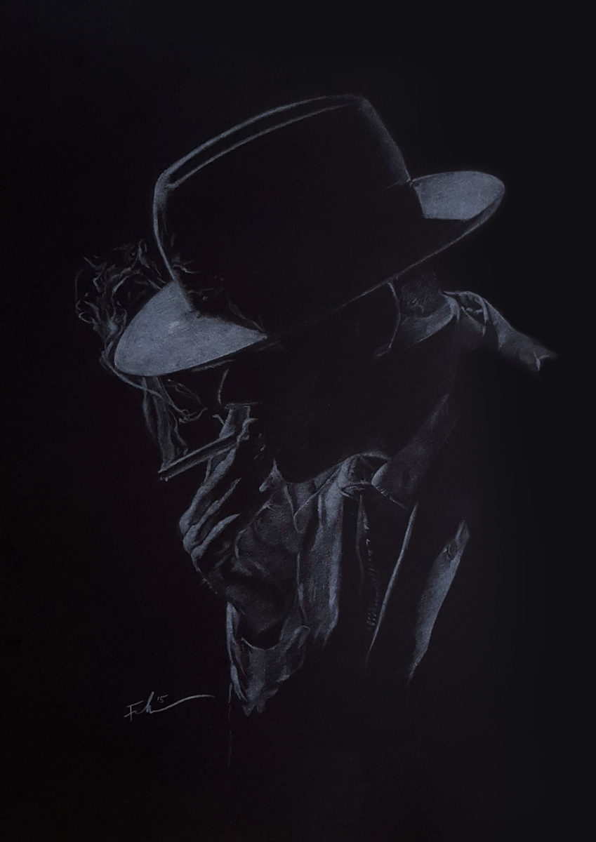 Portrait - Smoking man in hat, white pencil on black paper