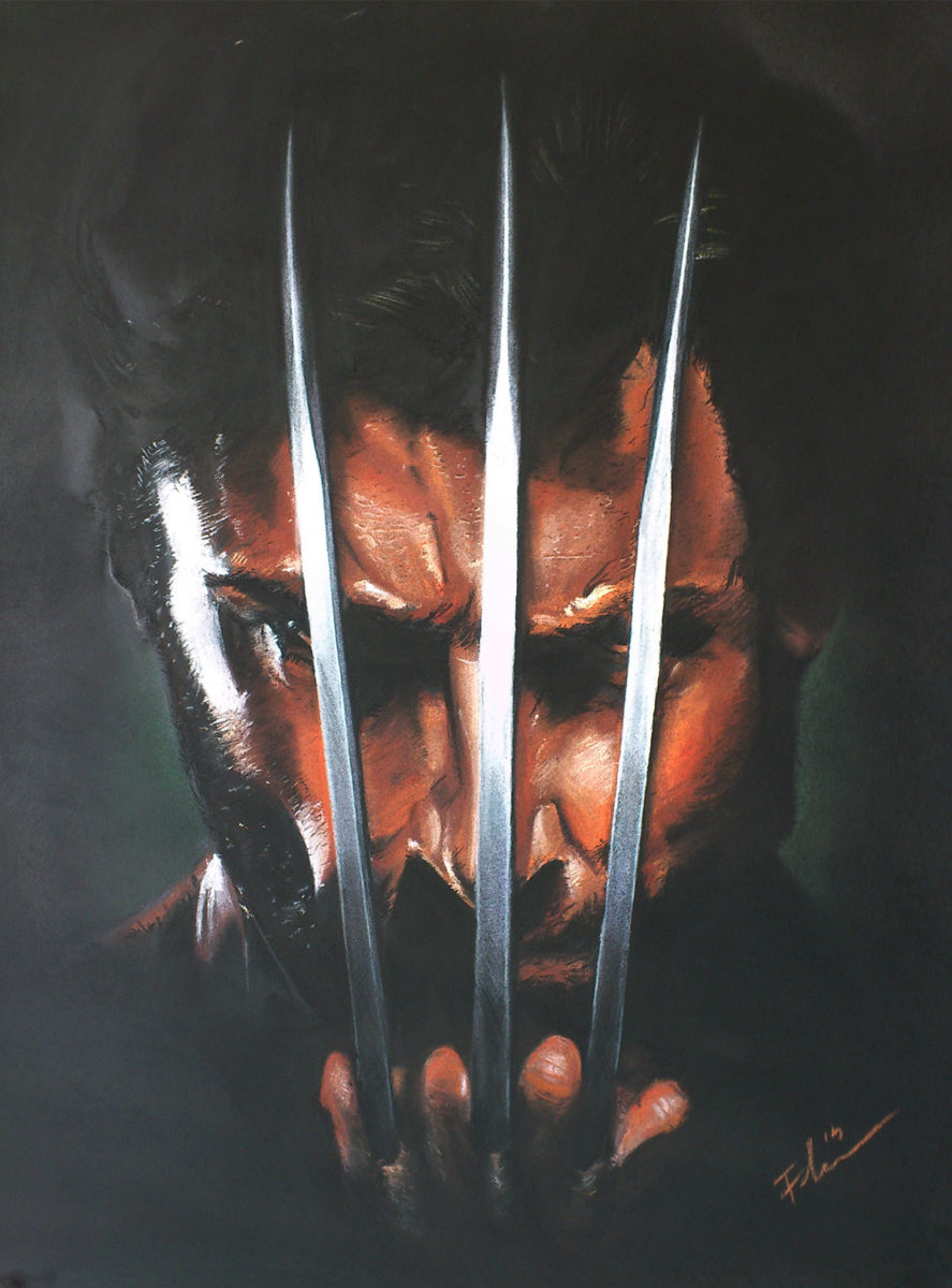 Realistic portrait painting of Wolverine, 70 x 50 cm, soft pastels